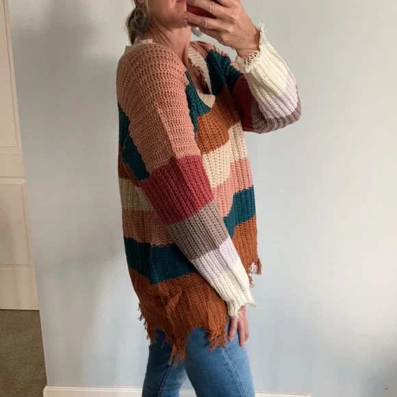 Oversized, Distressed Striped Sweater - Picture 3 of 8